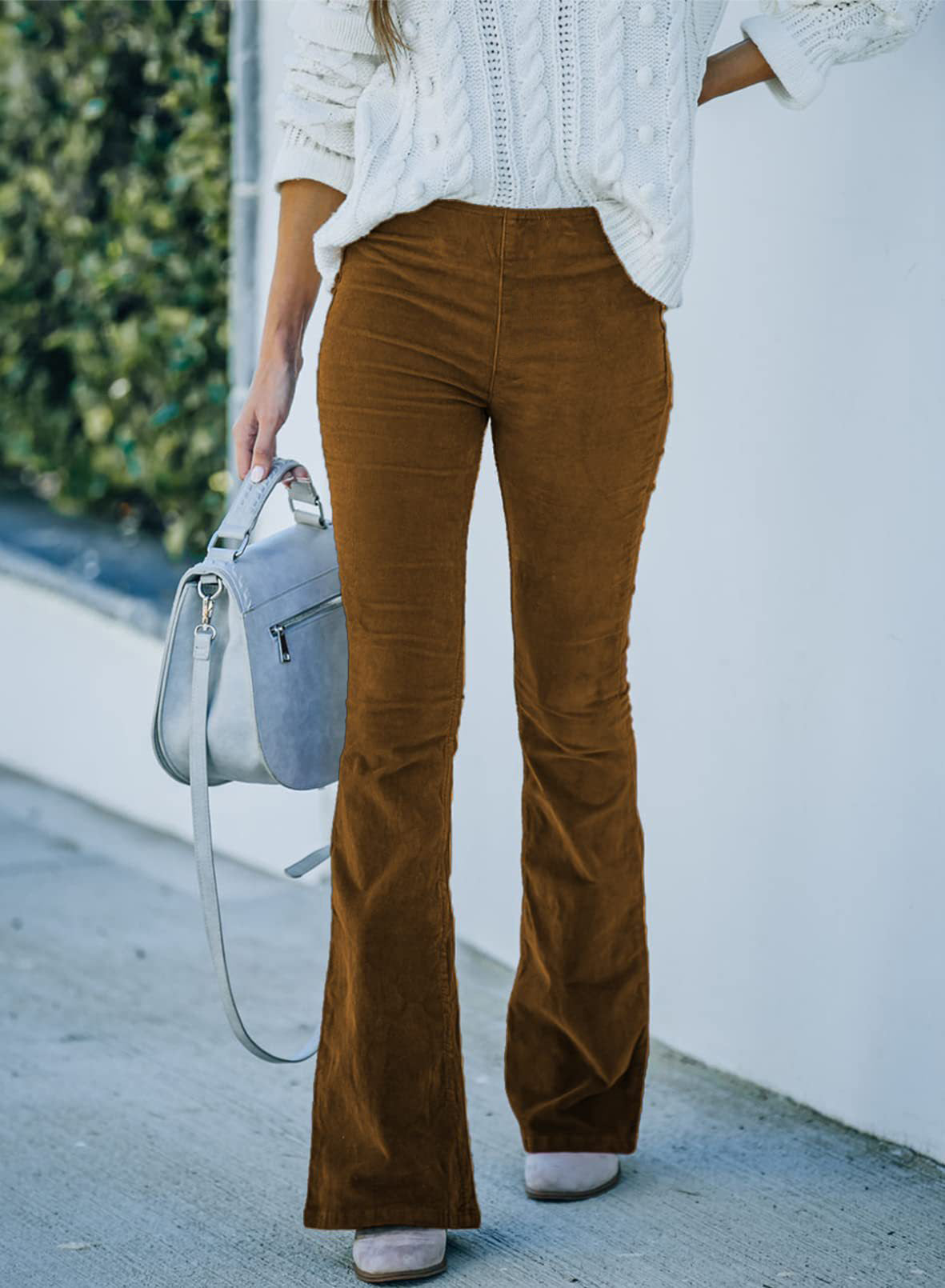 Women Solid Color High Waist Slim Fit Micro-Flare Elastic Waist Casual Pants
