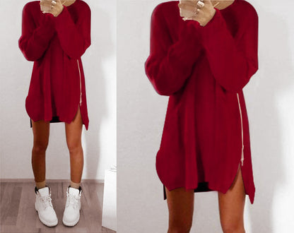 Autumn And Winter Women Casual Loose Solid Color Side Zipper Knitted Dress