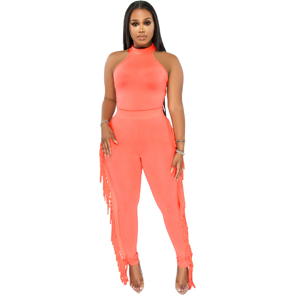 Women Tight Vest And Tassel Pants Two Pieces Casual Suit