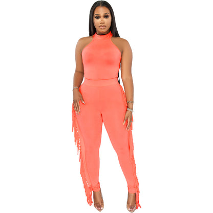 Women Tight Vest And Tassel Pants Two Pieces Casual Suit