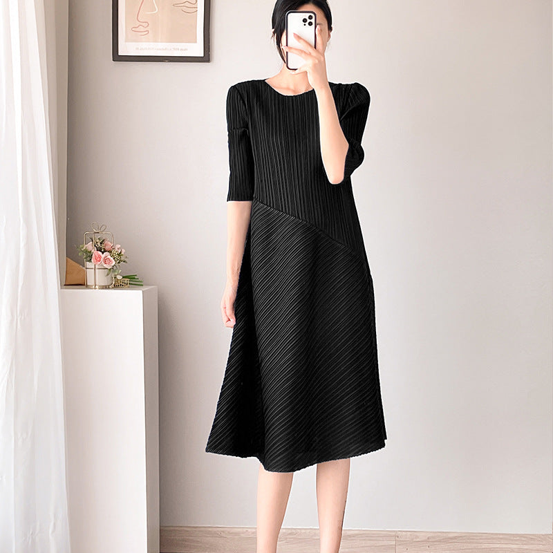 Women Fashion Minimalist Casual Soft Solid Color Round Neck Cropped Sleeve Creased Dress