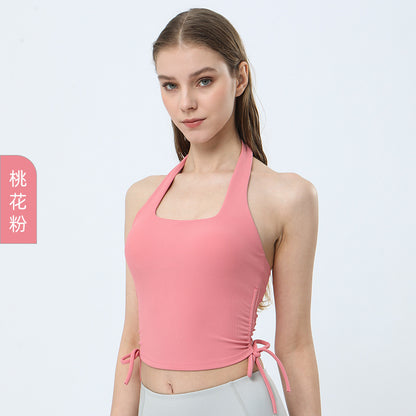 Women Casual Tight Solid Color Halter Neck Sleeveless Backless Drawstring Sports Tank Top