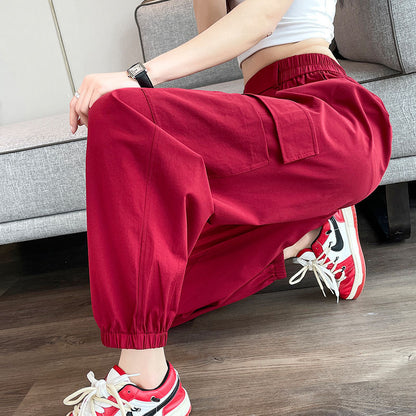 Women Fashion Casual Solid Color Cargo Elastic Waist Cuffed Jogger Pants