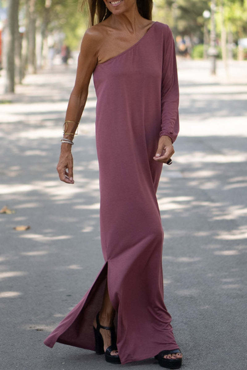 Women Casual Solid Color Loose One Sleeve Maxi Dress
