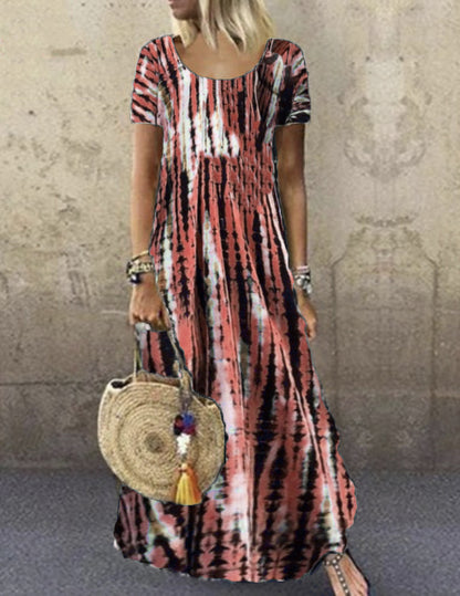 Vestido largo holgado informal de manga corta con cuello redondo y estampado tie-dye para mujer