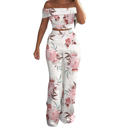 Summer Women Temperament Off-The-Shoulder Printed Top And High Waist Wide Leg Pants Casual Suits