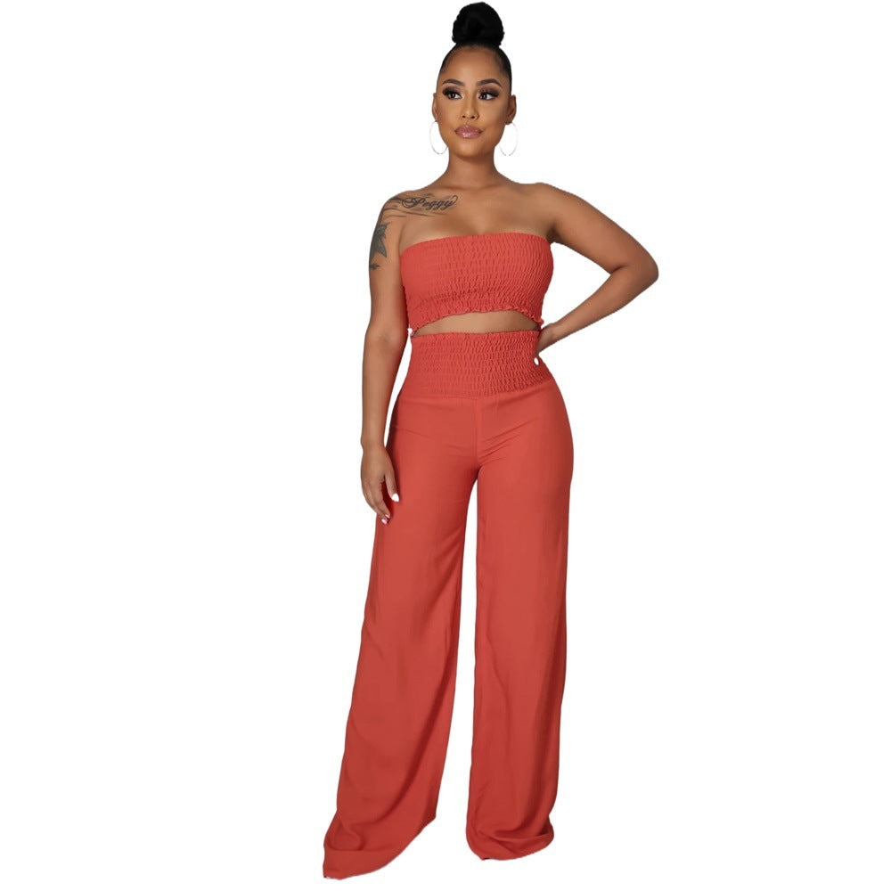 Conjunto de dos piezas para mujer, informal, elegante, de color liso, con top de tubo y pantalones holgados