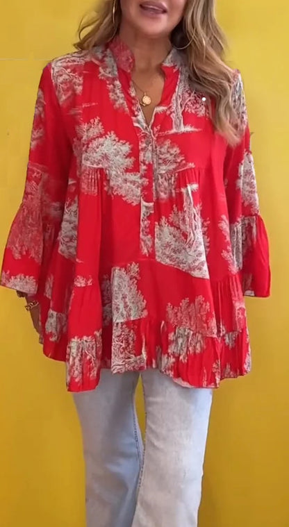 Blusa informal de verano con volantes y manga larga con estampado irregular para mujer