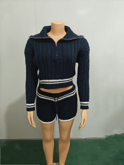 Conjunto de 2 piezas de suéter de manga larga con solapa de punto elástico alto e informal para mujer