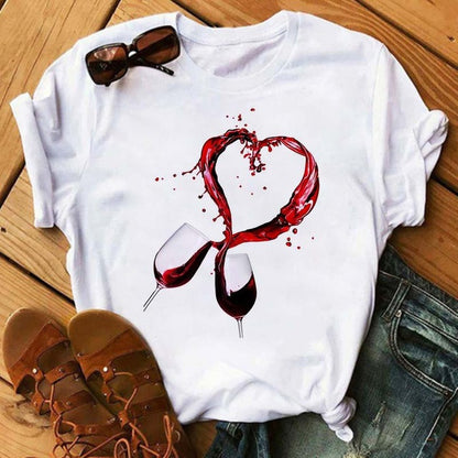 Camiseta holgada informal de manga corta con estampado gráfico de vino para mujer