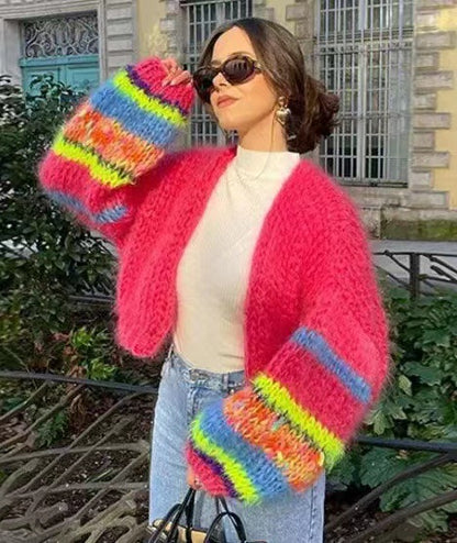Women Fashion Casual Rainbow Stripe Long Sleeve Loose Knitwear