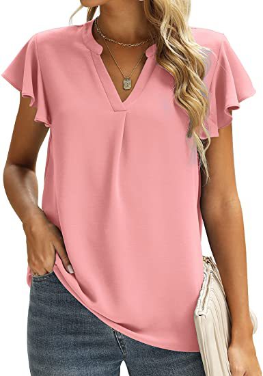 Blusa informal de gasa de color liso con cuello en V y mangas cortas con volantes para mujer