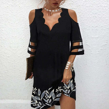 Vestido mini holgado informal de verano para mujer, elegante, de manga corta, con escote en V y hombros descubiertos, de malla y retazos