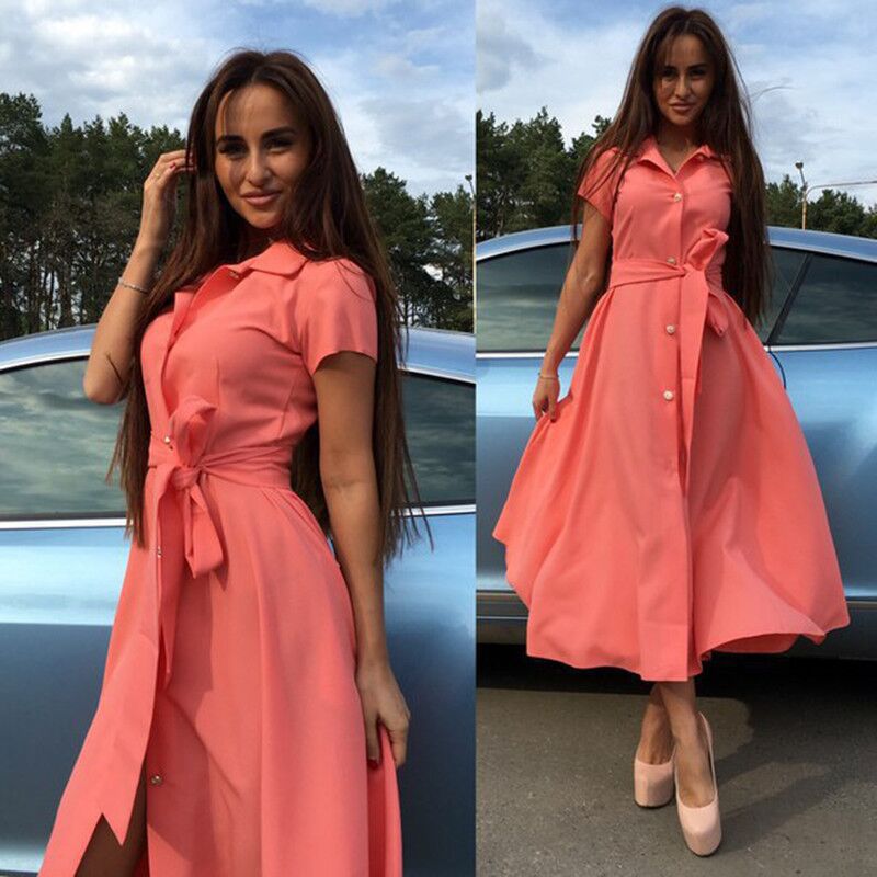 Women Casual Elegant Solid Color Short Sleeve Lapel Buttoned Midi Dress