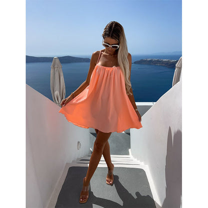 Women'S Fashion Casual Solid Color Round Neck Sleeveless Loose Spaghetti Strap Dress