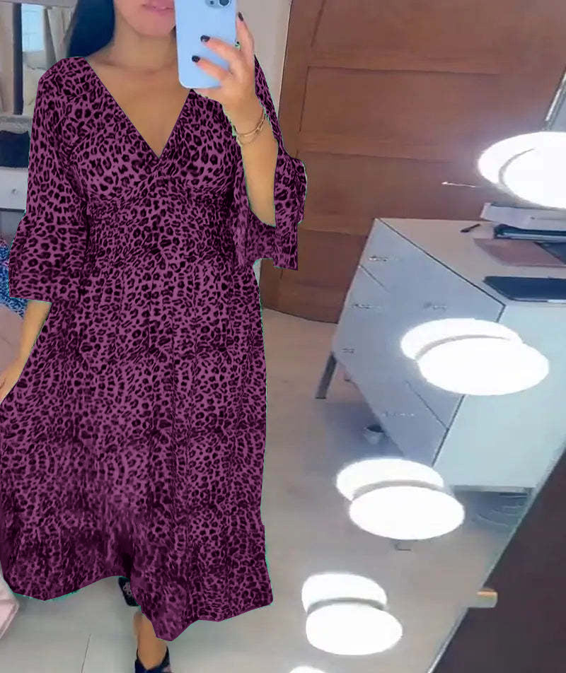 Vestido largo informal holgado estilo bohemio para mujer, elegante, de otoño, con escote en V profundo y estampado de leopardo para vacaciones en la playa