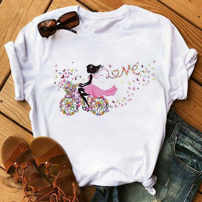 Camiseta holgada informal de manga corta con estampado de bicicleta para mujer