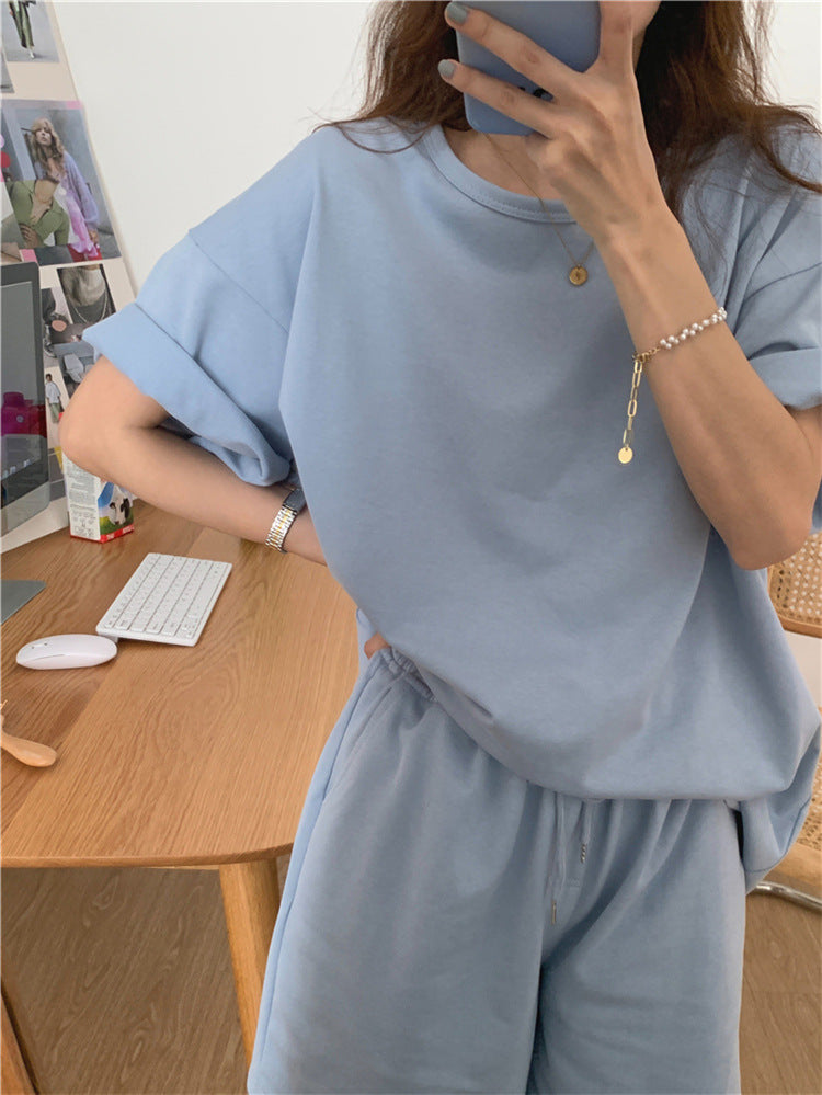 Women Fashion Casual Solid Color Round Neck Short Sleeve Top Shorts Sports Set
