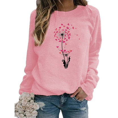 Sudadera holgada informal con estampado de diente de león y corazón para mujer, cuello redondo y manga larga
