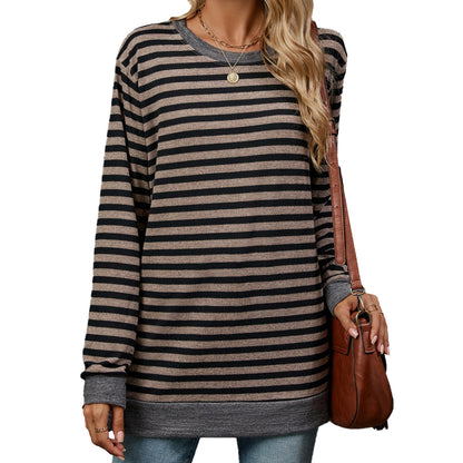 Camiseta informal de manga larga con cuello redondo y rayas para mujer