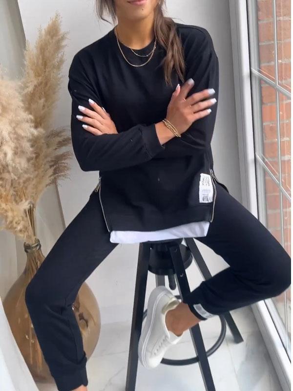 Conjunto de dos piezas formado por top y pantalón de manga larga, cuello redondo, color liso, informal, a la moda para mujer