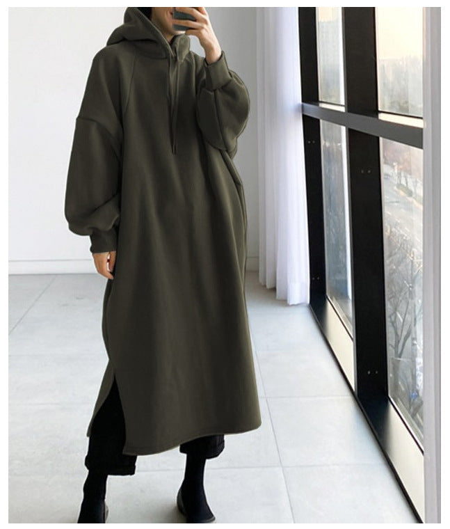 Women Casual Basic Autumn Winter Solid Color Long Sleeve Loose Hooded Dress