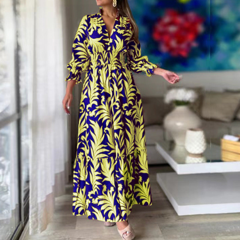 Vestido elegante informal de verano para mujer, con escote en V, estampado floral y volantes, de manga larga
