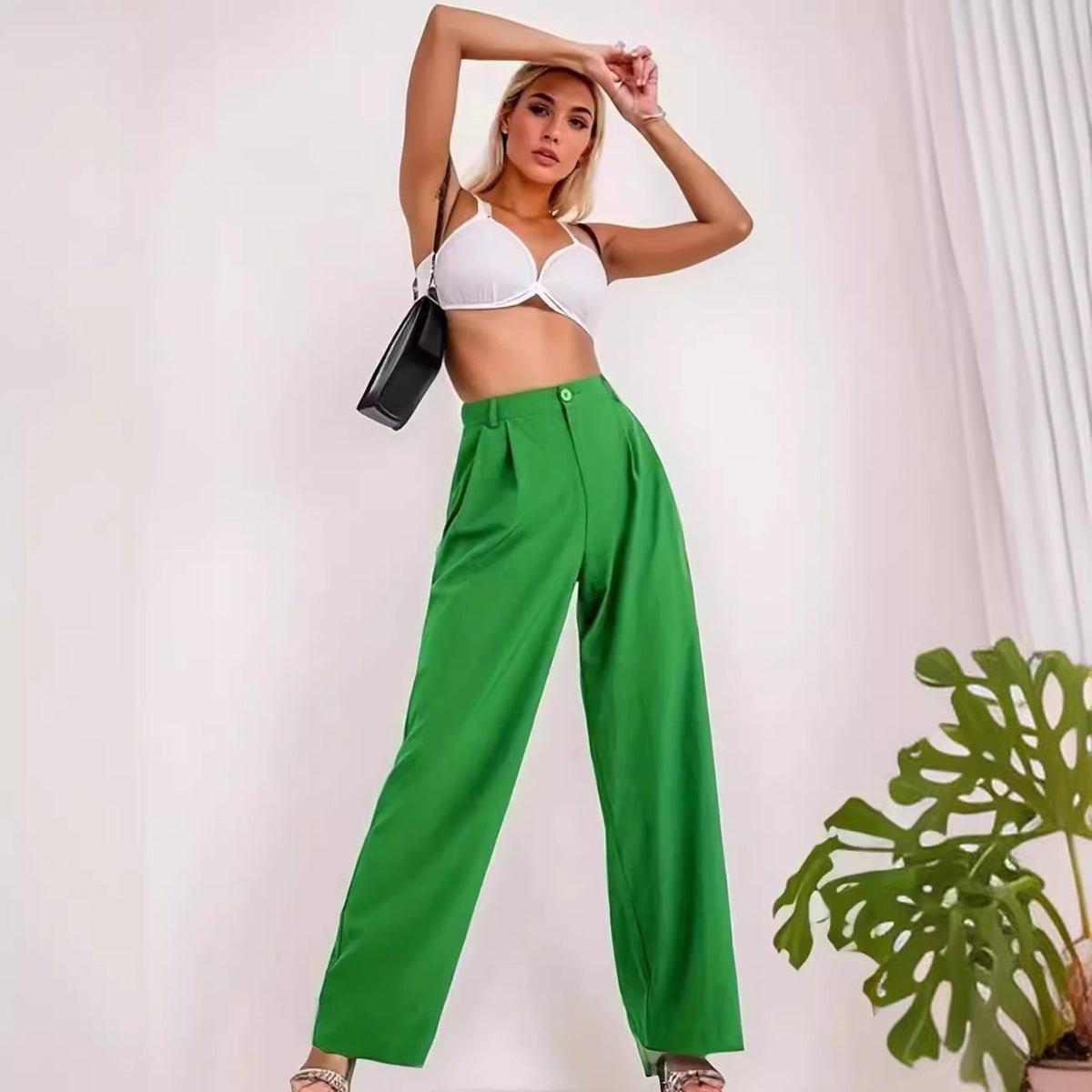 Women Fashion Casual High Waist Solid Color Straight Leg Pants
