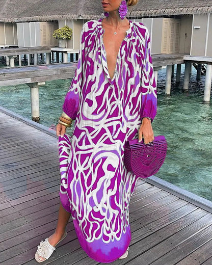 Autumn Women Graphic Printed Pullover Long-Sleeved V-Neck Loose Casual Maxi Dress