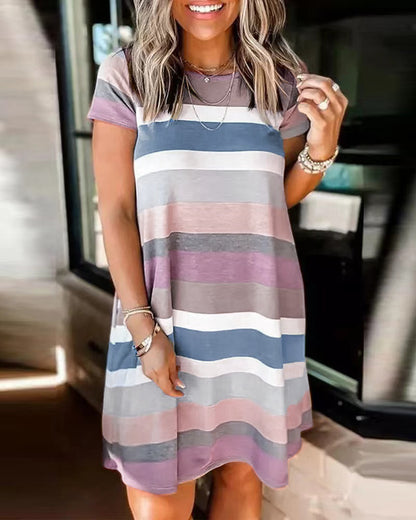Summer Women Loose Casual Fashion Stripe Print Short Sleeve Dress