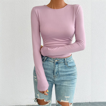 Camiseta informal de manga larga con cuello redondo y espalda descubierta para mujer