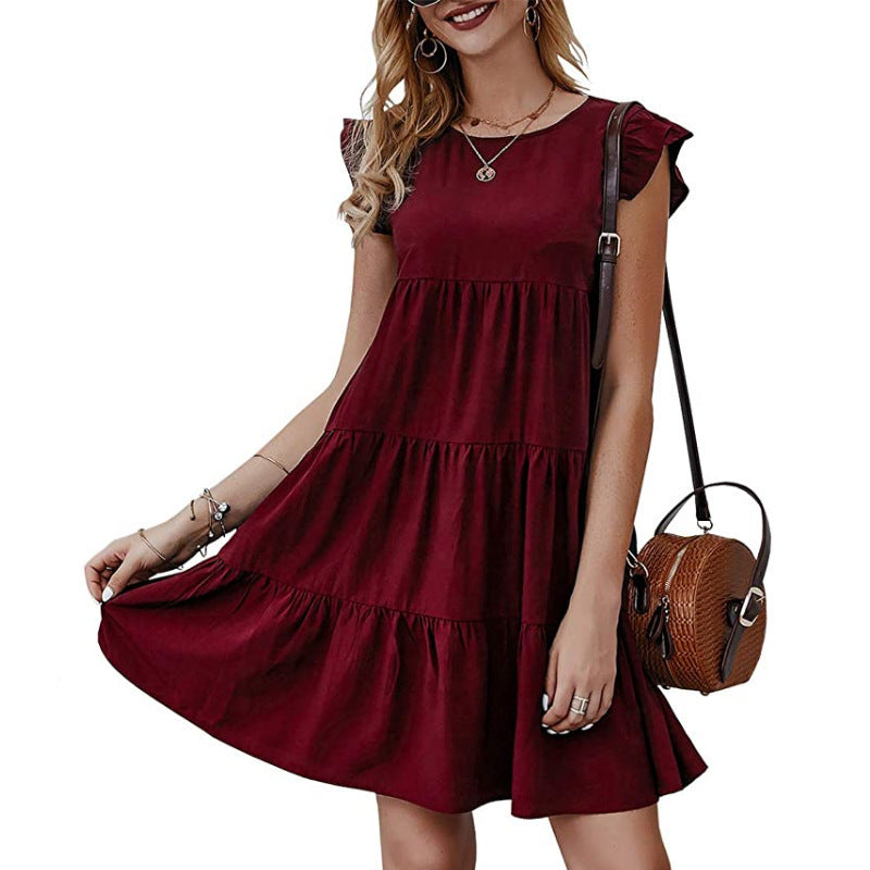 Women Summer Casual Solid Color Round Neck Casual Pleated Large Swing Dress