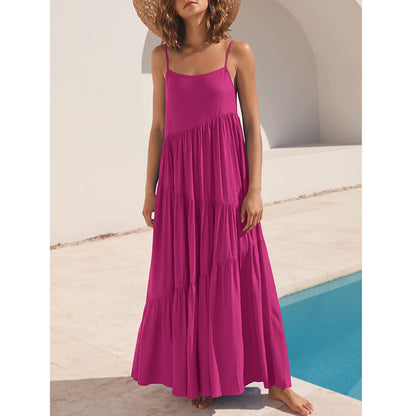 Women Fashion Casual Solid Color Sling Creased Maxi Dress