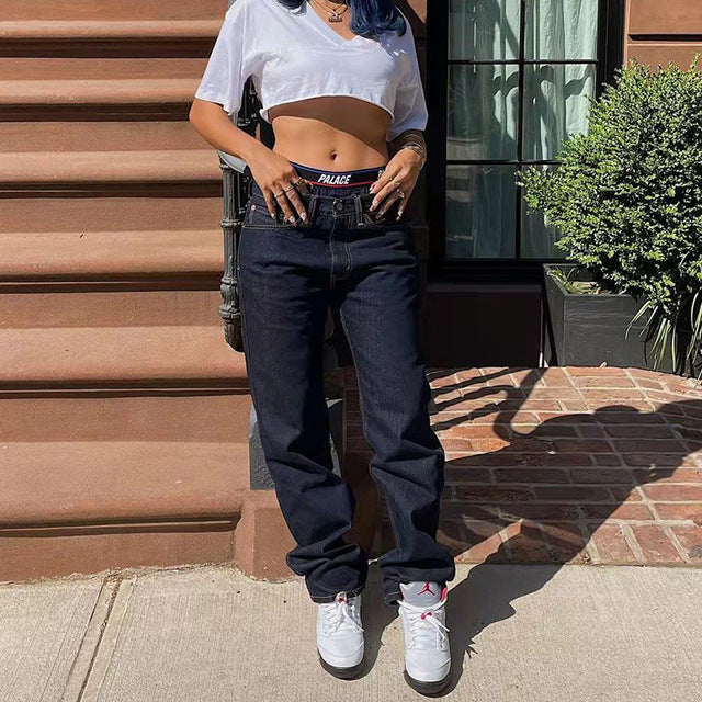 Pantalones rectos de cintura alta, de algodón lavado, vaqueros casuales de cintura baja para mujer
