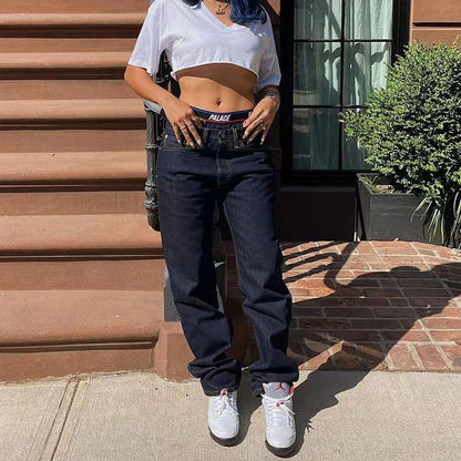 Pantalones rectos de cintura alta, de algodón lavado, vaqueros casuales de cintura baja para mujer