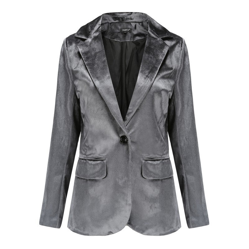Blazer informal de manga larga de terciopelo dorado para mujer