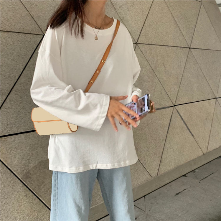 Camiseta informal de manga larga con cuello redondo y color liso para mujer