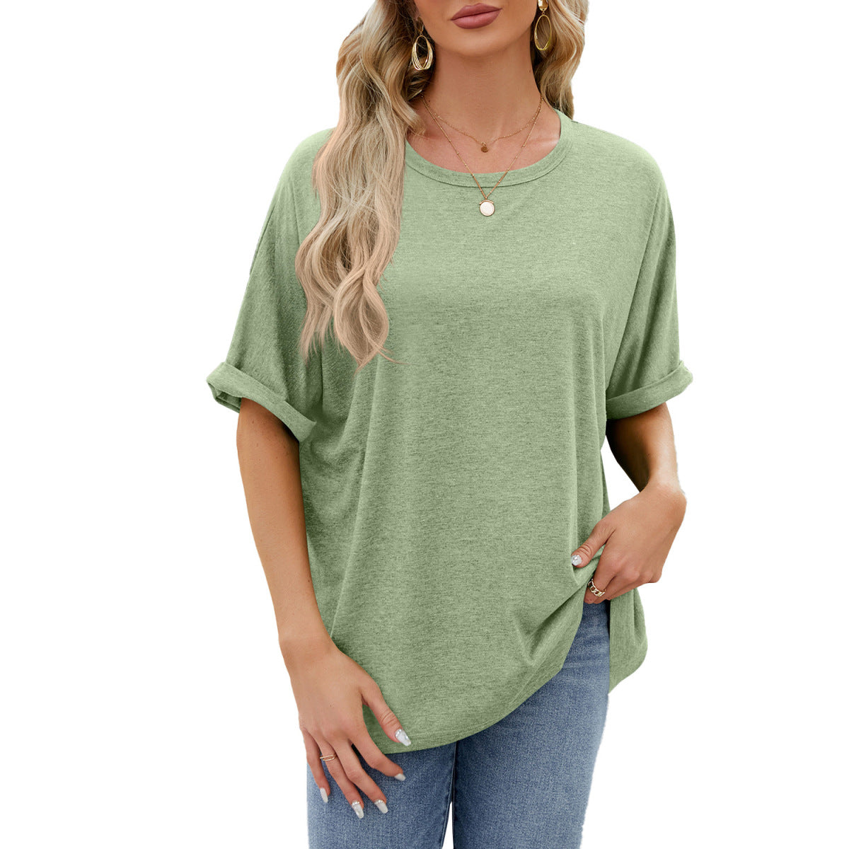 Camiseta informal de verano para mujer, color liso, cuello redondo y manga corta