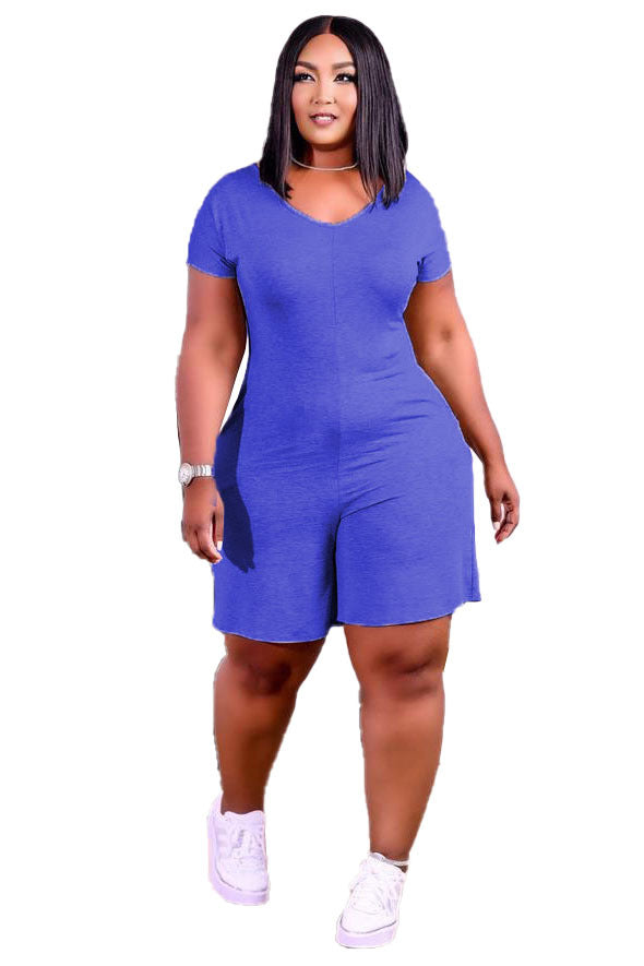 Women Casual Solid Color Short Sleeve Plus Size Romper