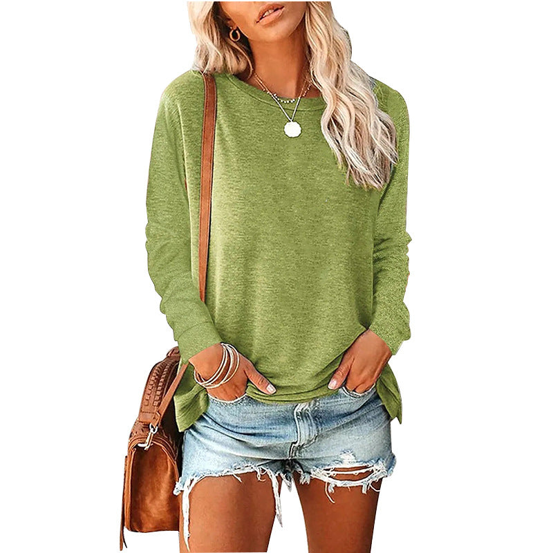 Camiseta informal holgada de manga larga con cuello redondo para mujer