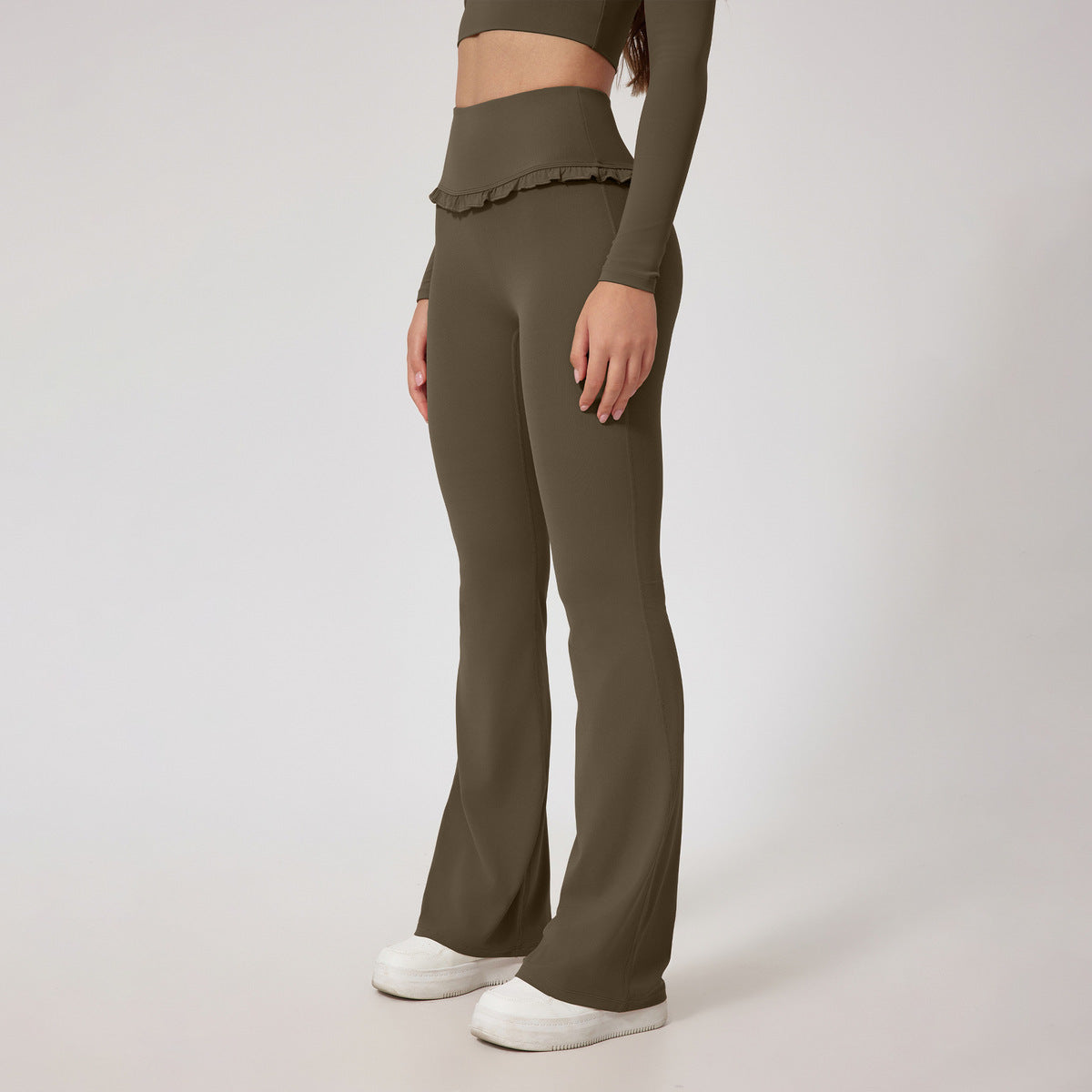 Women Fashion Casual Solid Color Lace Edge High Waist Yoga Sports Pants