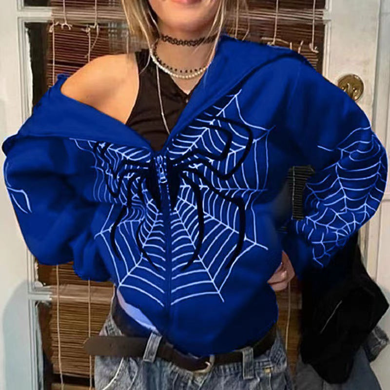 Sudadera holgada con cremallera y estampado de telaraña para hombre y mujer, estilo informal, a la moda urbana