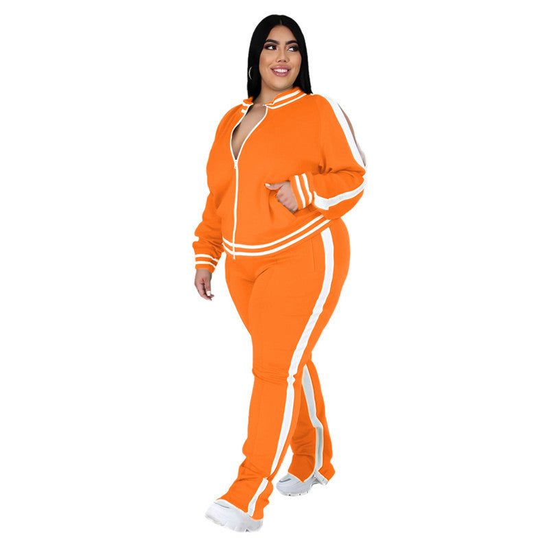 Conjunto de top y pantalón deportivo informal de talla grande para mujer, de manga larga, con cremallera y bloques de color