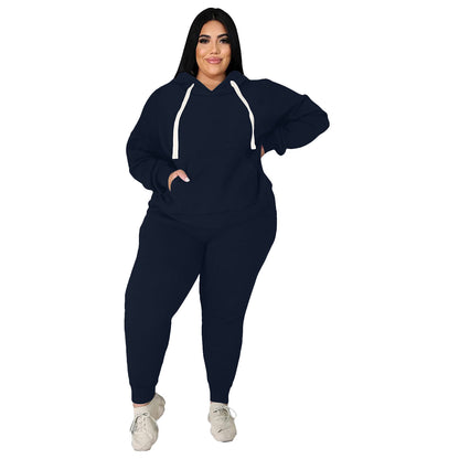 Women Fashion Casual Plus Size Long Sleeve Hooded Sweatshirt Pants Two-Piece Set