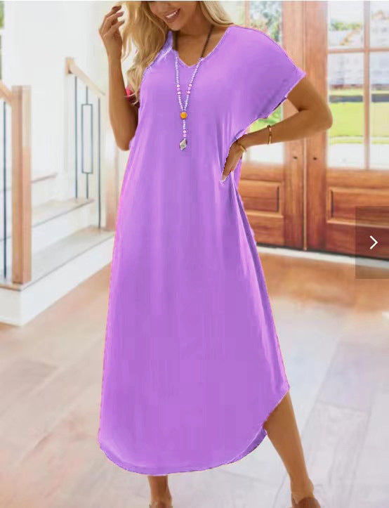 Women Casual Solid Color Short Sleeve V Neck Loose Maxi Dress