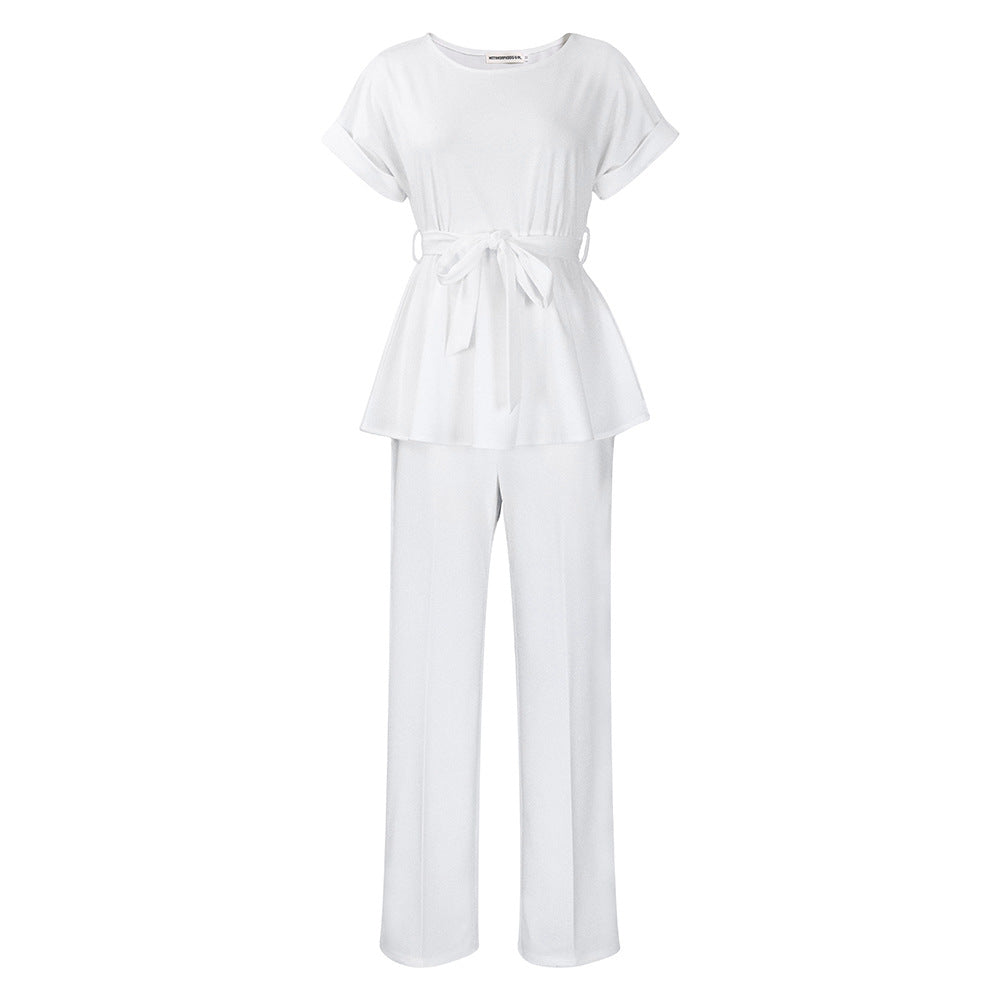 Conjunto de dos piezas de top y pantalón de manga corta de color liso informal para mujer