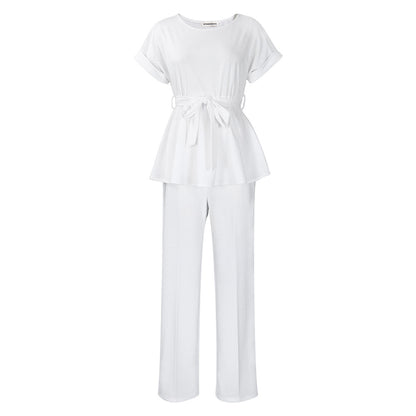 Conjunto de dos piezas de top y pantalón de manga corta de color liso informal para mujer