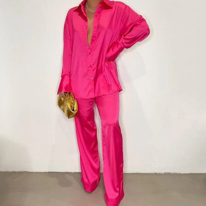 Conjunto de camisa y pantalón de manga larga holgado informal de satén multicolor para mujer
