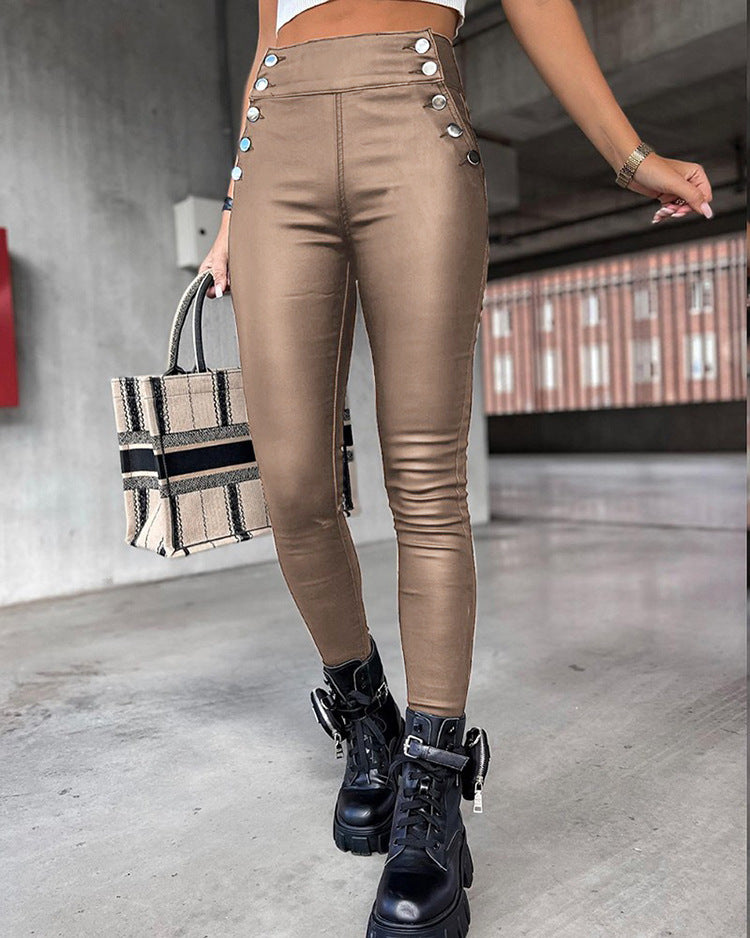 Women Solid Color High Waist PU Leather Button Slim Fit Casual Pants