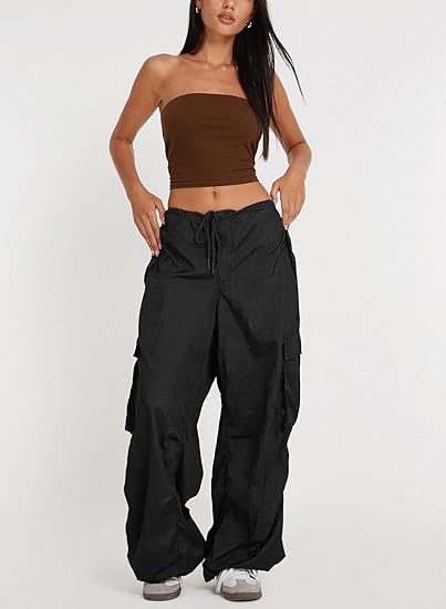 Women Casual Solid Color Loose Pocket Low Waist Drawstring Pants